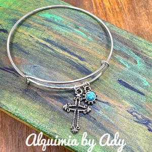 Faith Silver statement adjustable wire multi charms bracelet turquoise